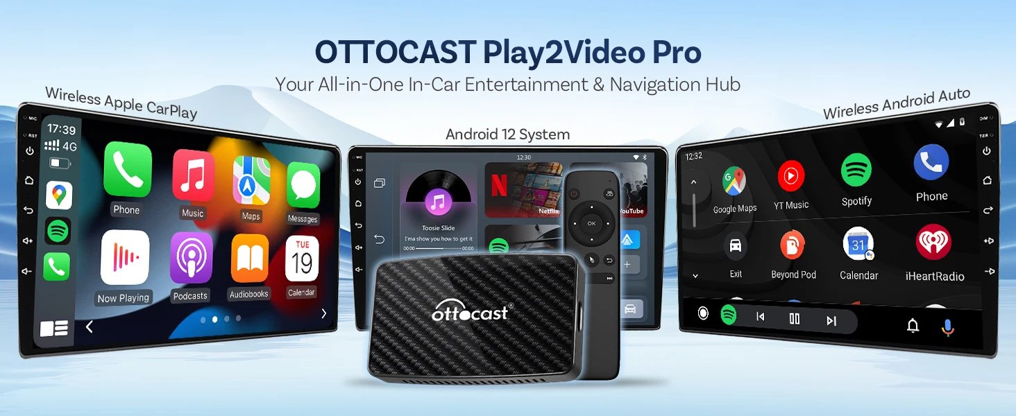 Ottocast Play2video Pro AI Box Wireless Carplay Android Auto Adapter Netflix Dongle Video Playback 1080p Screen Mirror for Audi