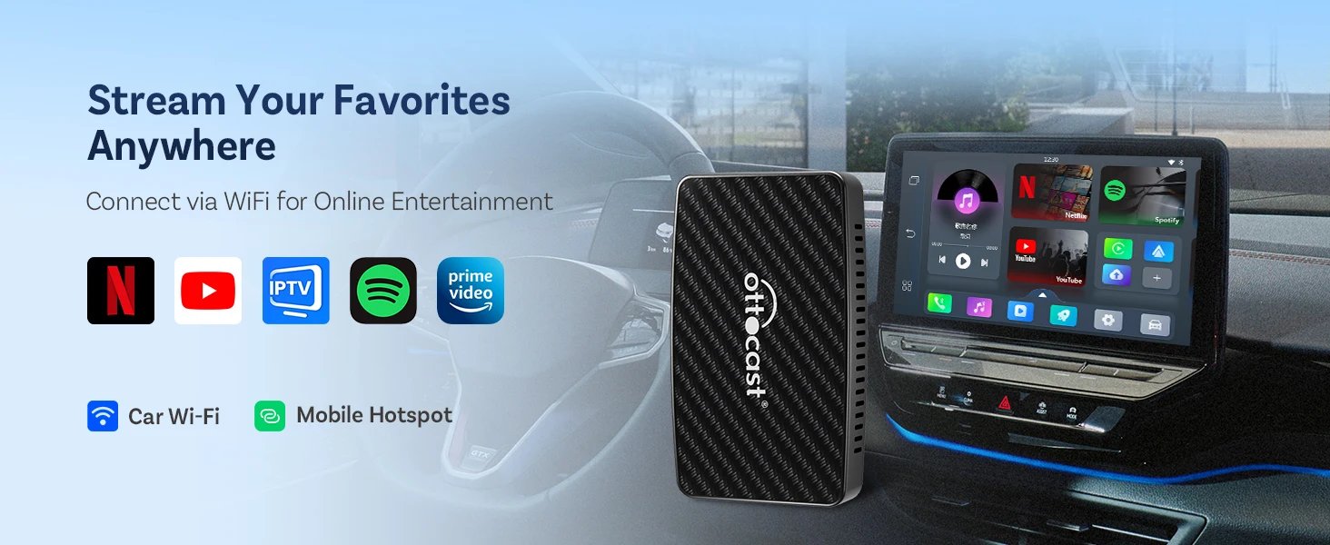 Ottocast Play2video Pro AI Box Wireless Carplay Android Auto Adapter Netflix Dongle Video Playback 1080p Screen Mirror for Audi