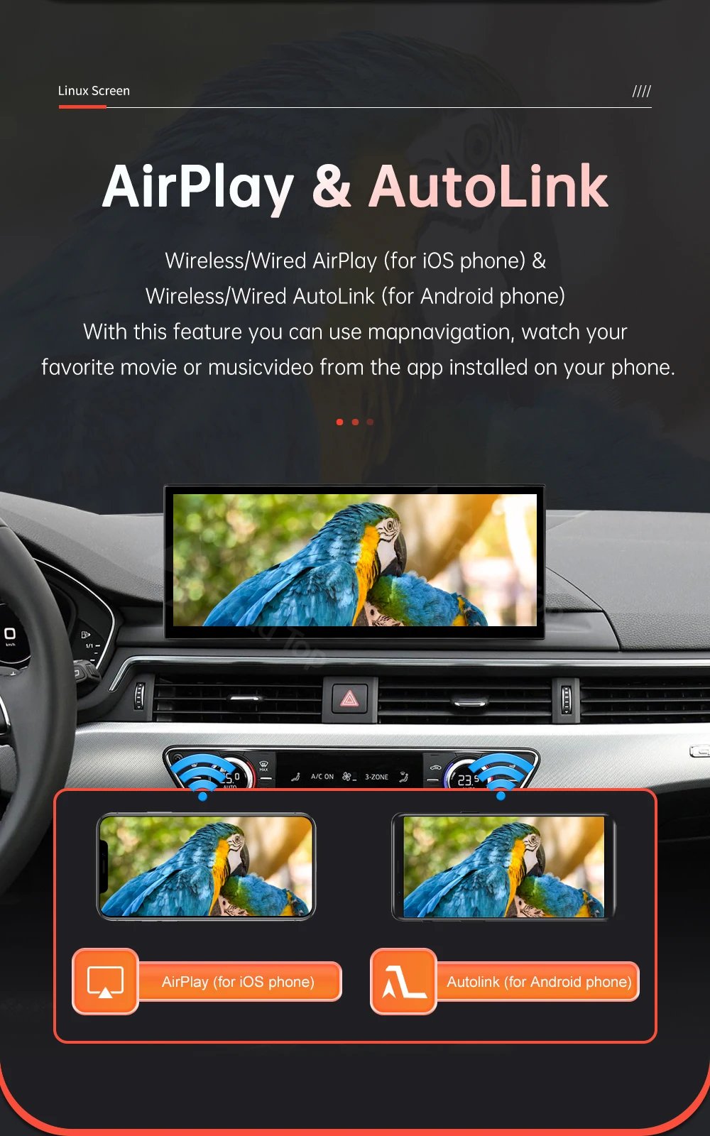 12.3'' Linux Screen Wireless CarPlay Car Multimedia Display For Audi A4 A5 2016-2019 with Android Auto Airplay Autolink Function