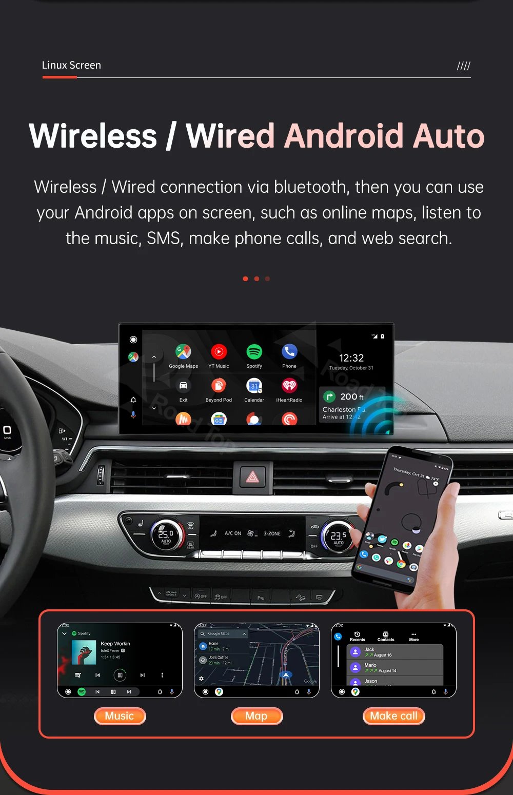 12.3'' Linux Screen Wireless CarPlay Car Multimedia Display For Audi A4 A5 2016-2019 with Android Auto Airplay Autolink Function