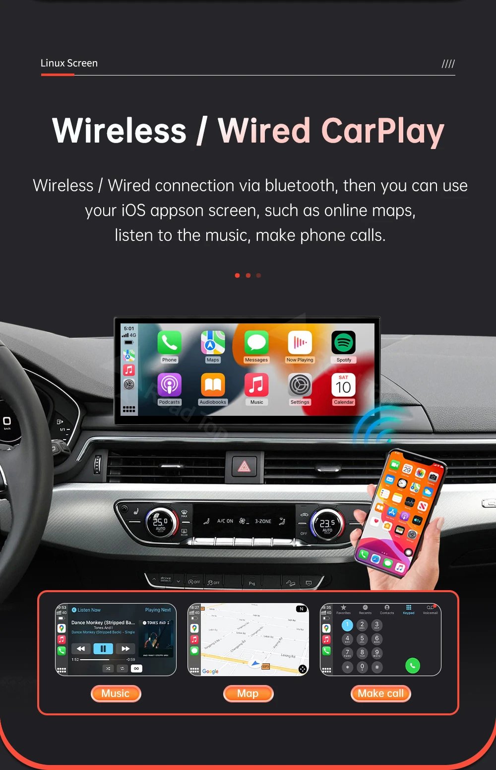 12.3'' Linux Screen Wireless CarPlay Car Multimedia Display For Audi A4 A5 2016-2019 with Android Auto Airplay Autolink Function