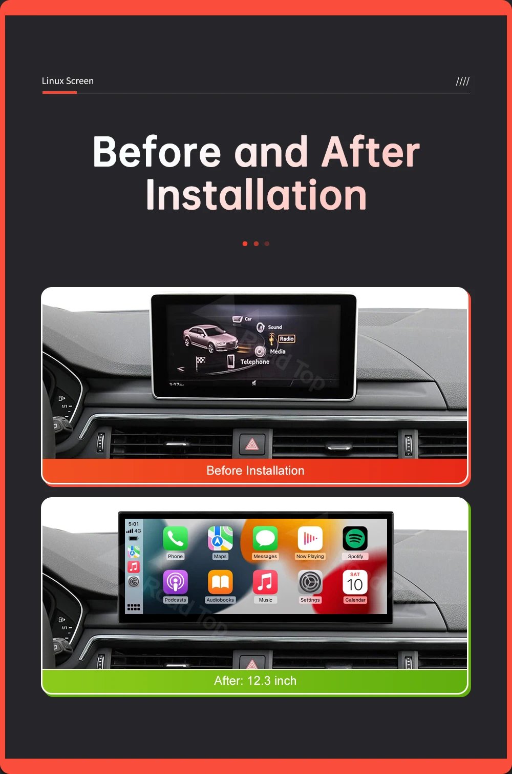 12.3'' Linux Screen Wireless CarPlay Car Multimedia Display For Audi A4 A5 2016-2019 with Android Auto Airplay Autolink Function