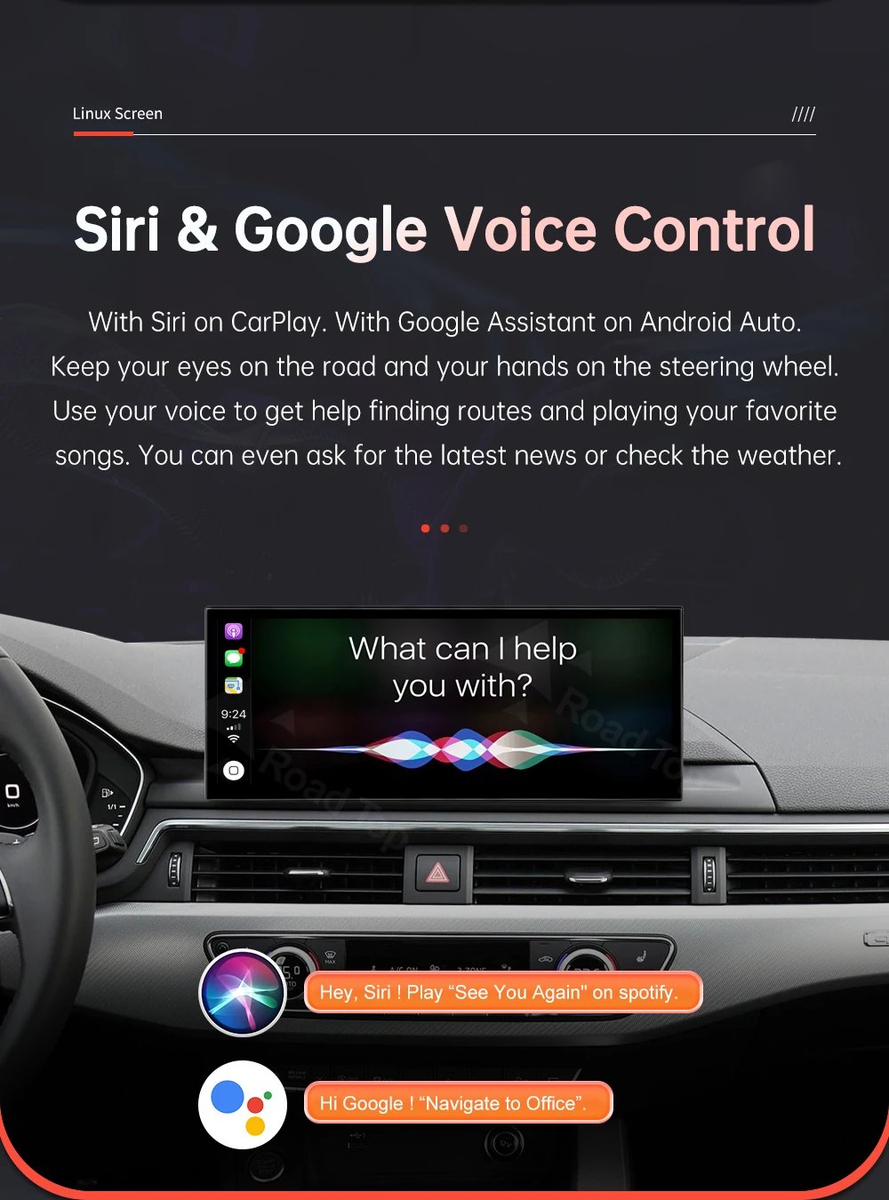 12.3'' Linux Screen Wireless CarPlay Car Multimedia Display For Audi A4 A5 2016-2019 with Android Auto Airplay Autolink Function