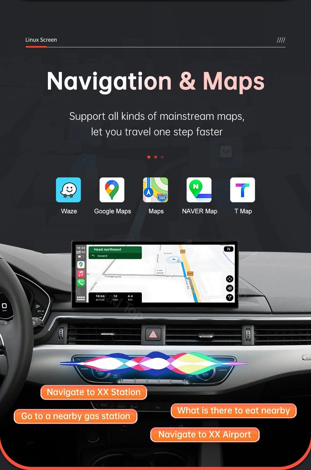 12.3'' Linux Screen Wireless CarPlay Car Multimedia Display For Audi A4 A5 2016-2019 with Android Auto Airplay Autolink Function