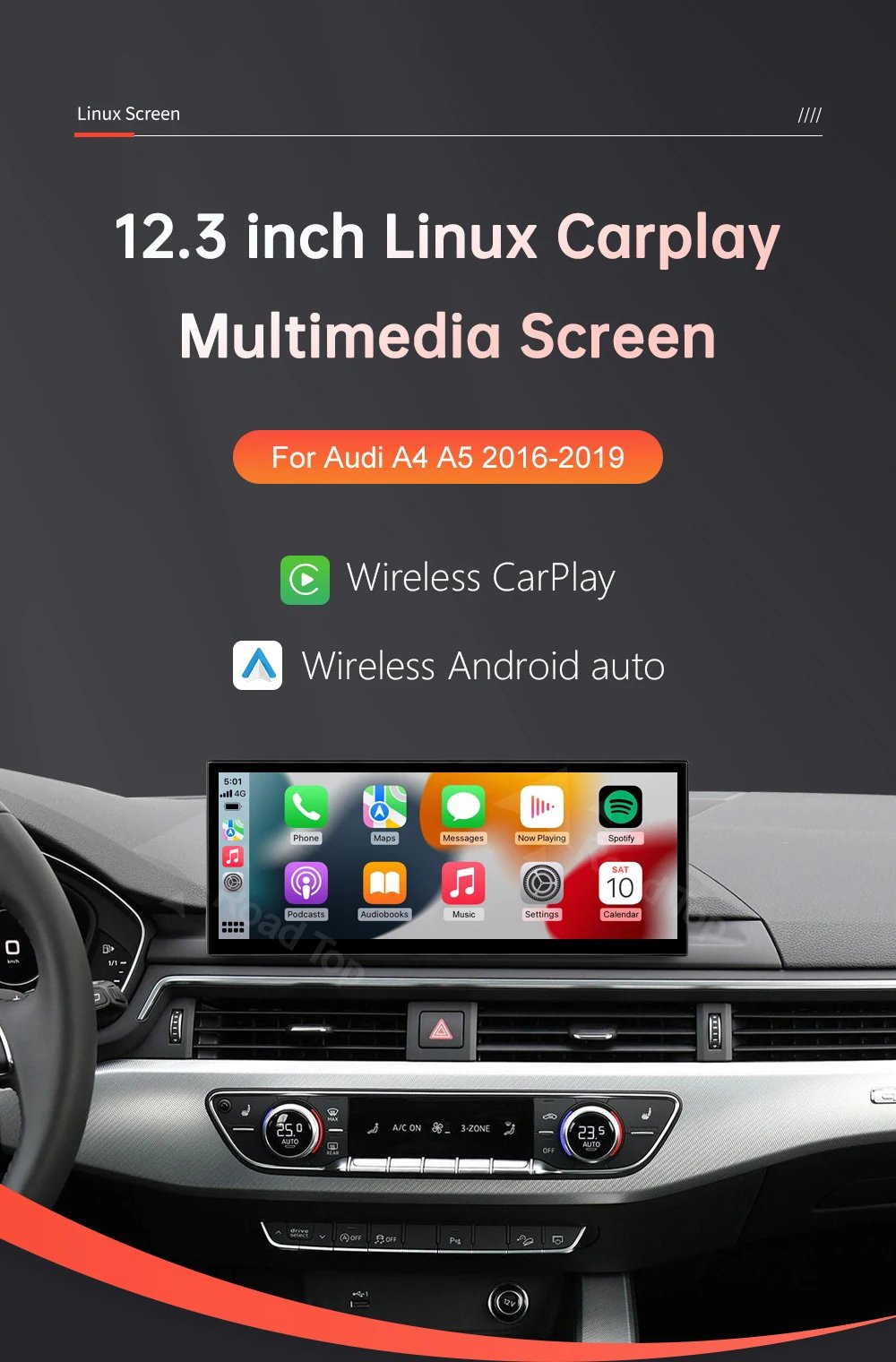 12.3'' Linux Screen Wireless CarPlay Car Multimedia Display For Audi A4 A5 2016-2019 with Android Auto Airplay Autolink Function