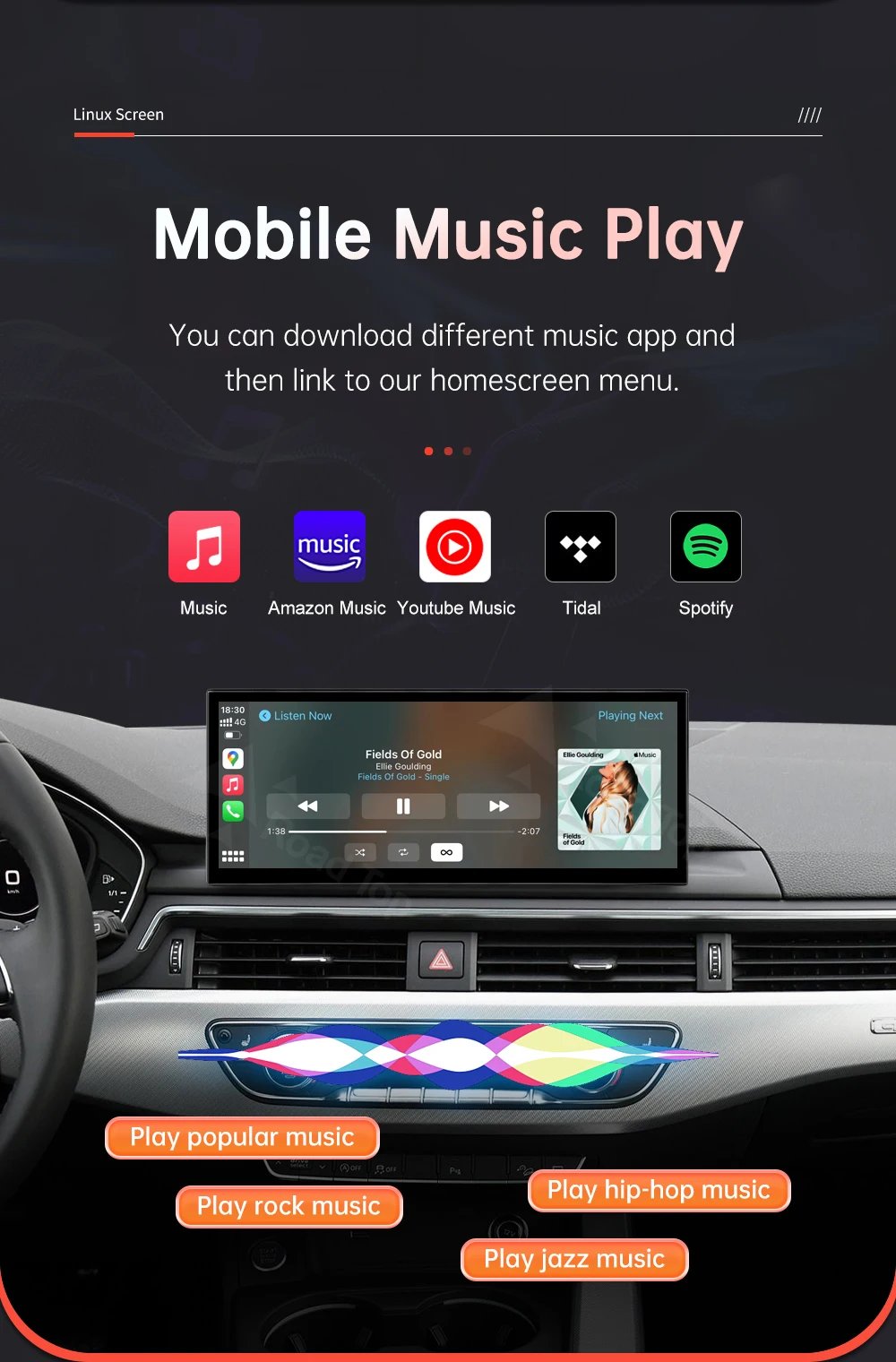 12.3'' Linux Screen Wireless CarPlay Car Multimedia Display For Audi A4 A5 2016-2019 with Android Auto Airplay Autolink Function