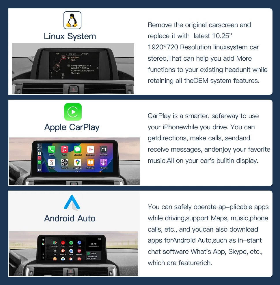 1920*720 Wireless CarPlay Android Auto Multimedia Display Touch Screen For BMW 1 2 3 4 Series F20 F21 F22 F30 F31 F32 F33