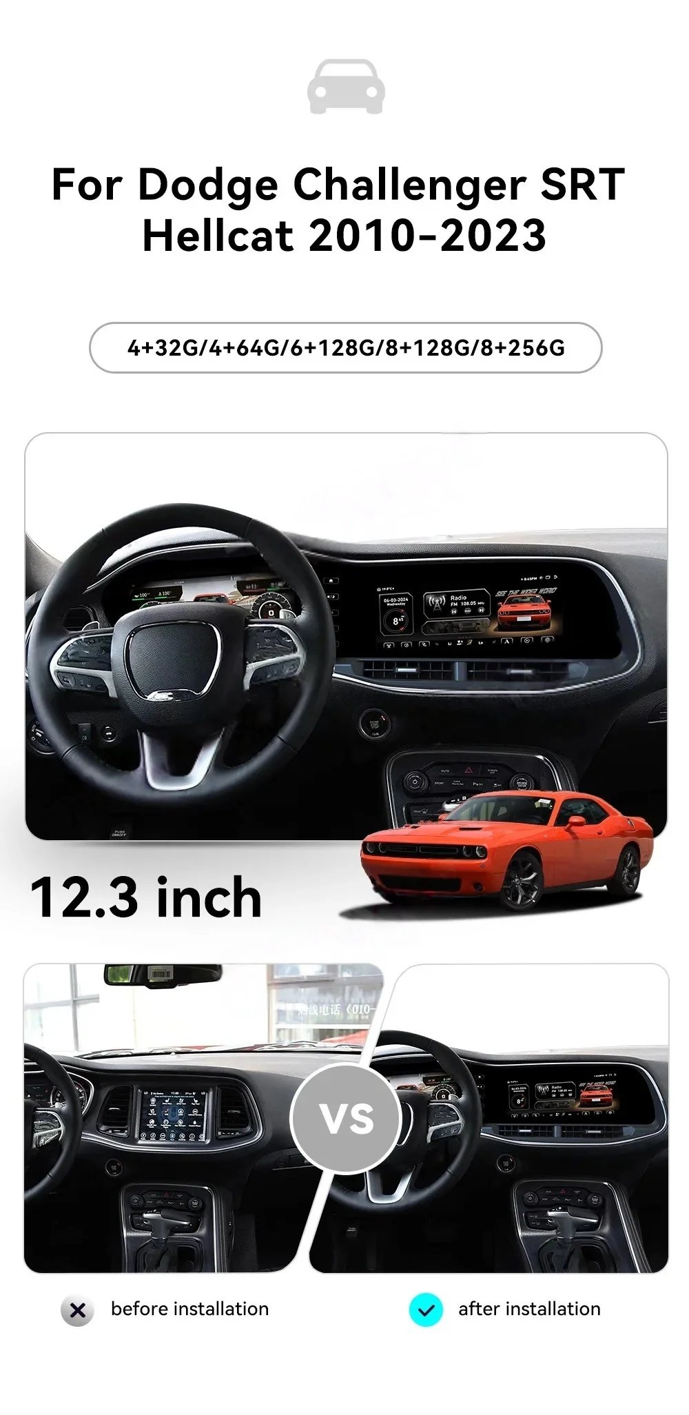 Auto Dual Screen For Dodge Challenger SRT Hellcat 2010-2024 Carplay Android Car Radio GPS Navi Stereo + Digital Cluster Headunit