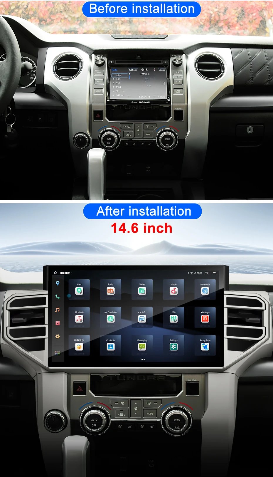 Android 14 For Toyota Tundra Sequoia 2014-2019 14.6-inch car Radio Multimedia Player GPS Navigation Wireless Carplay IPS Stereo