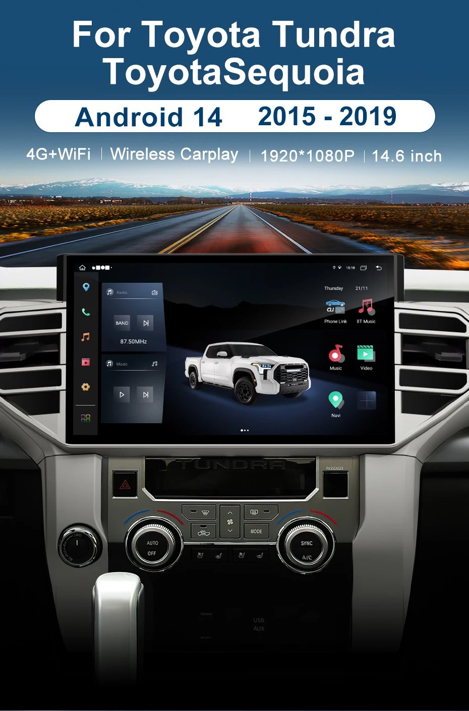 Android 14 For Toyota Tundra Sequoia 2014-2019 14.6-inch car Radio Multimedia Player GPS Navigation Wireless Carplay IPS Stereo