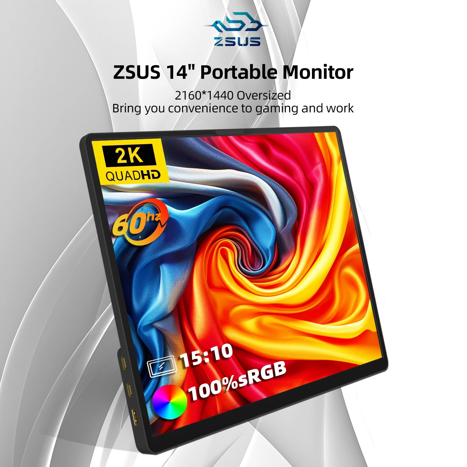 ZSUS 2160*1440 14-inch 2K Portable Monitor 60HZ For Laptop XBox PS4 / 5 Switch TV Box Cell Phone PC Extension Mobile ZSUS 2160*1440 14-inch 2K Portable Monitor 60HZ For Laptop XBox PS4 / 5 Switch TV Box Cell Phone PC Extension Mobile