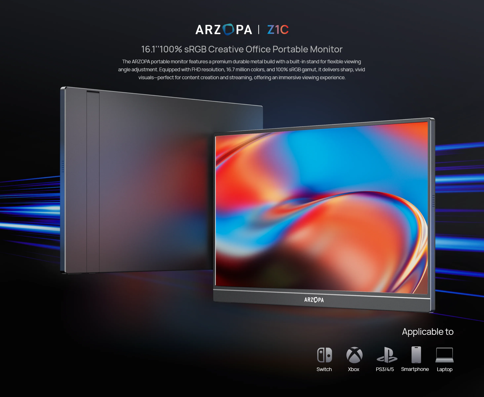 ARZOPA 16.1 inch 1080P Gaming Mobile Portable Monitor IPS PC accessories Monitor External Display for Switch/PS4/LAPTOP Z1C GREY