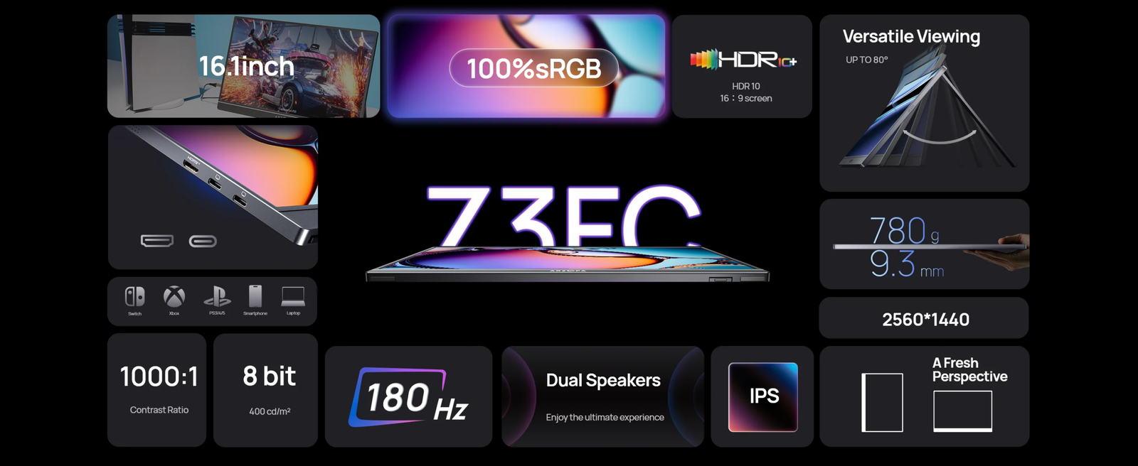 ARZOPA 16.1in 180HZ 2.5K Portable Monitor 107% sRGB HDR IPS External Second Screen for Laptop/PC/PS5/Mac/Xbox Z3FC Gray with Bag