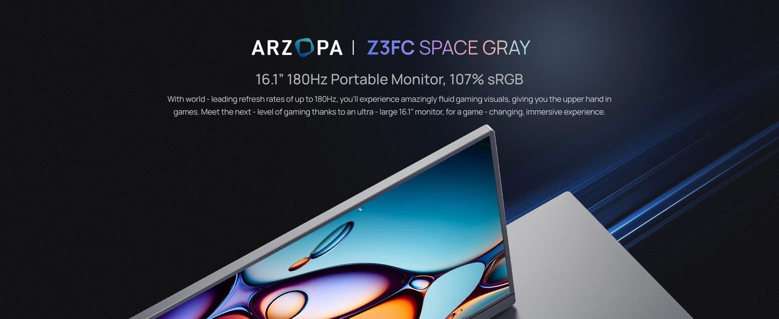 ARZOPA 16.1in 180HZ 2.5K Portable Monitor 107% sRGB HDR IPS External Second Screen for Laptop/PC/PS5/Mac/Xbox Z3FC Gray with Bag