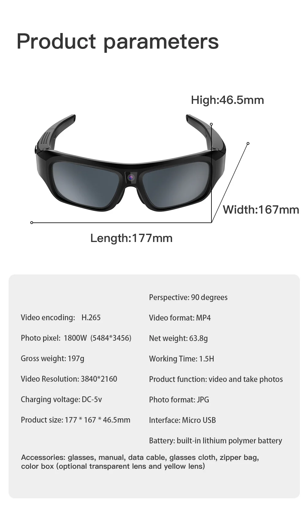 4K 64GB HD FPV Smart Glasses Camera Video Recording Mini Wireless Bodycam Vlogging POV Action Sports Motorcycle Cycling