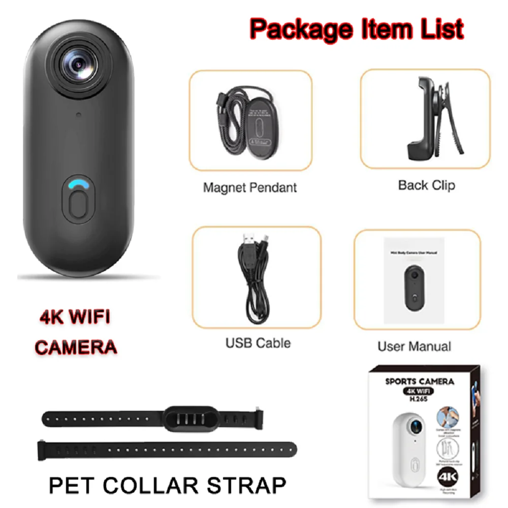 4K UltraHD POV Collar Cam Small Sports Camera Magnetic Necklace Pets Camcorder Mini Wireless WiFi Bodycam Recording Vlog Selfie