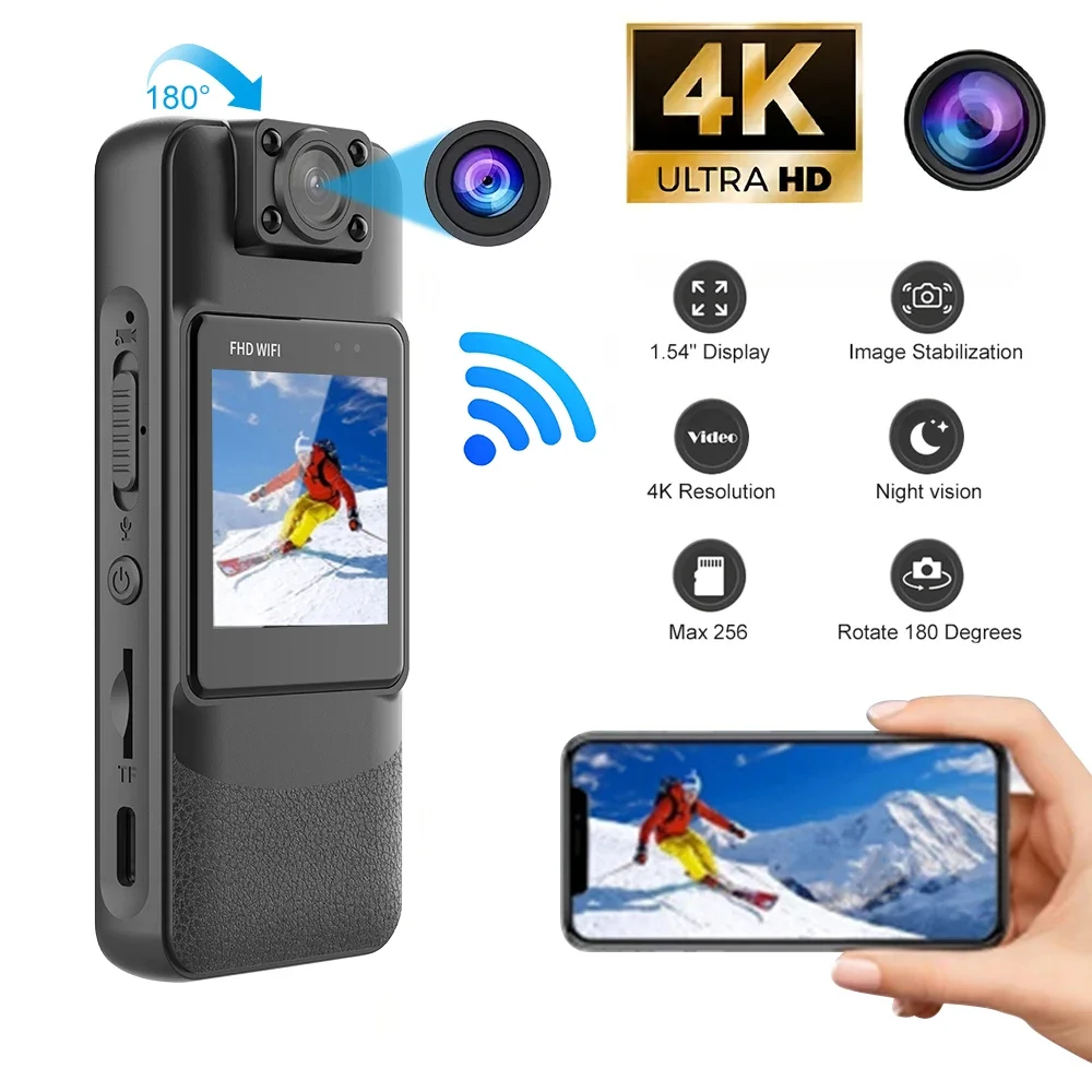 4K UHD WiFi Mini Camera Portable Digital Audio Video Recorder Police BodyCam Night Vision Sports DV Bicycle Small Camcorder