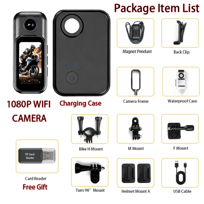 Mini WiFi Body Cam 1080P FHD Action Camera IPS Touch Screen Magnetic Charging Pod Helmet Vlogging Outdoor Motorcycle Activities