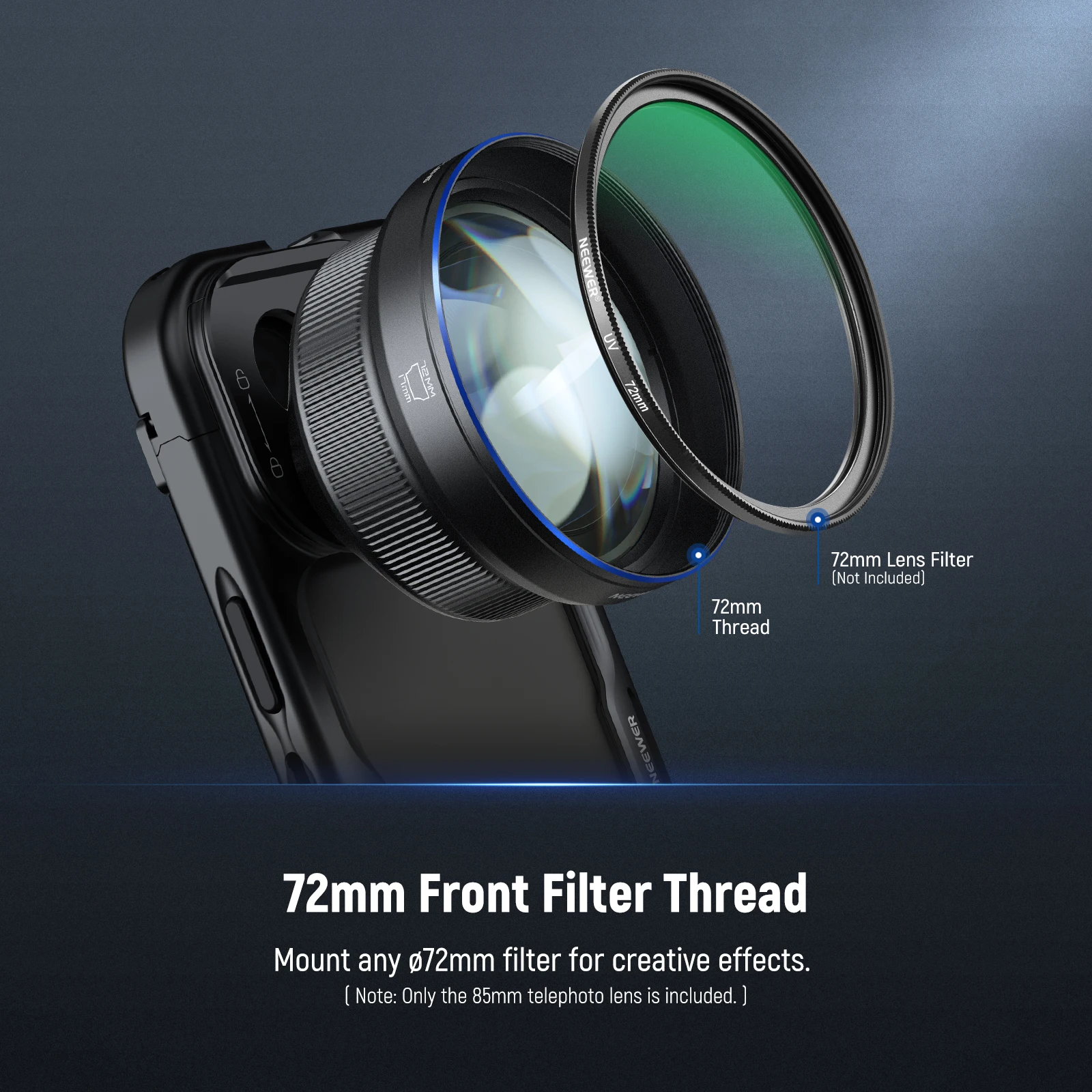 NEEWER HD 85MM Telephoto Phone Lens for 17mm Backplate 2.5X Magnification For iPhone Samsung Phone Cage Case