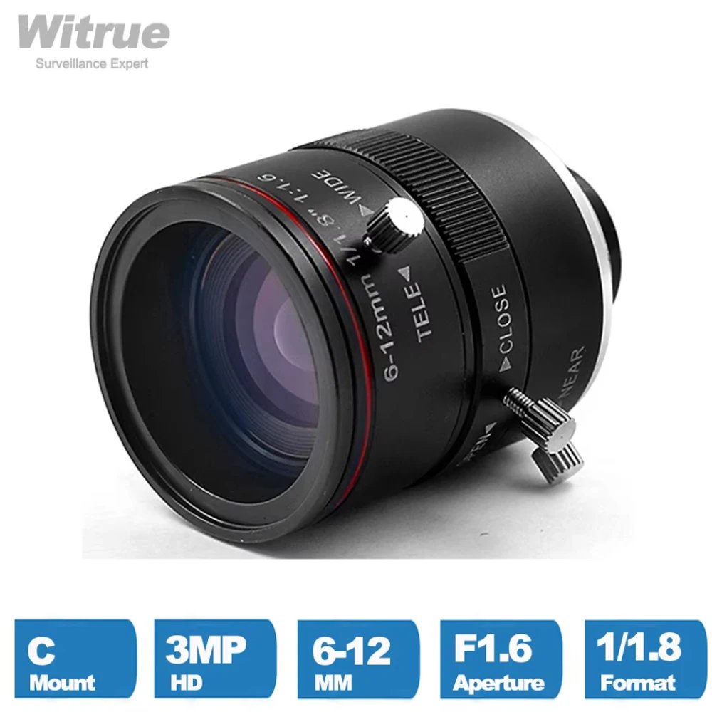 Witrue HD 3MP Industial CCTV Lens 6-12mm Varifocal  C Mount 1/1.8 Inch Aperture F1.6  for Video Surveillance IP Cameras