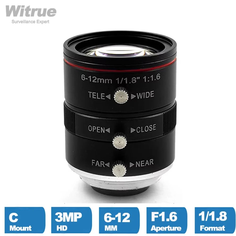 Witrue HD 3MP Industial CCTV Lens 6-12mm Varifocal  C Mount 1/1.8 Inch Aperture F1.6  for Video Surveillance IP Cameras