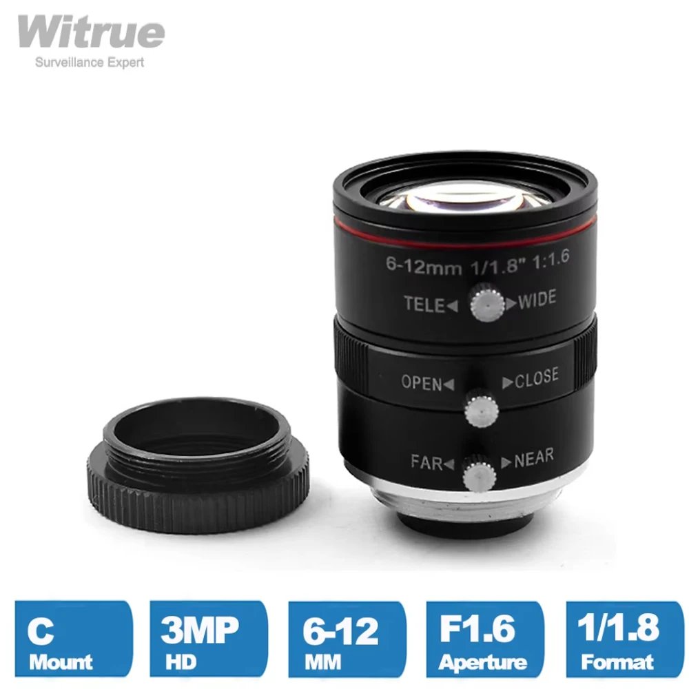 Witrue HD 3MP Industial CCTV Lens 6-12mm Varifocal  C Mount 1/1.8 Inch Aperture F1.6  for Video Surveillance IP Cameras