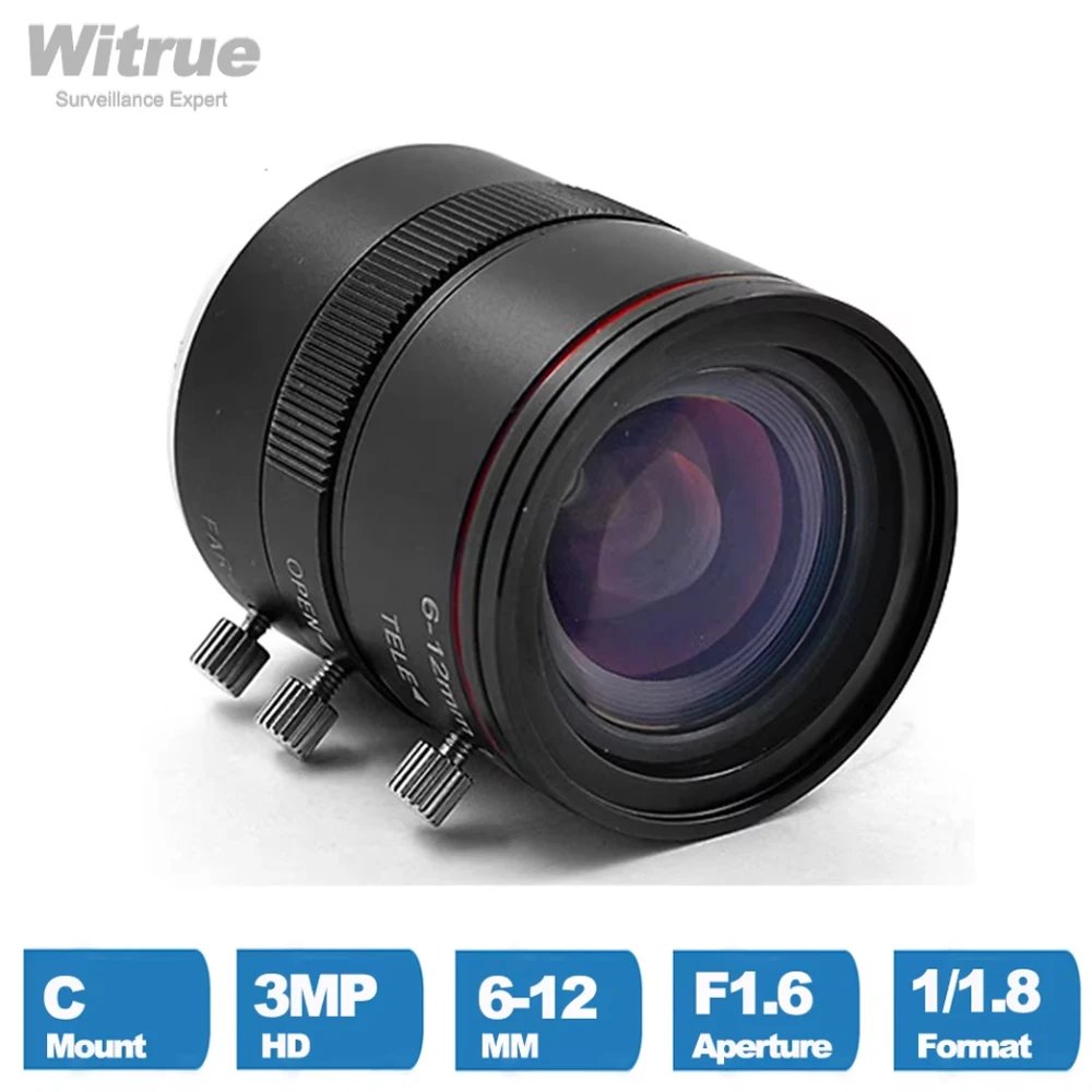 Witrue HD 3MP Industial CCTV Lens 6-12mm Varifocal  C Mount 1/1.8 Inch Aperture F1.6  for Video Surveillance IP Cameras