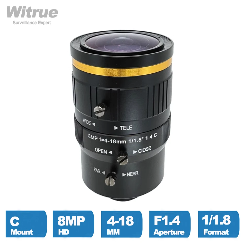 Witrue HD 4K 8 Megapixel C Mount Varifocal CCTV Lens 4-18mm Apertuer F1.4 Format 1/1.8 for Surveillance Security Cameras