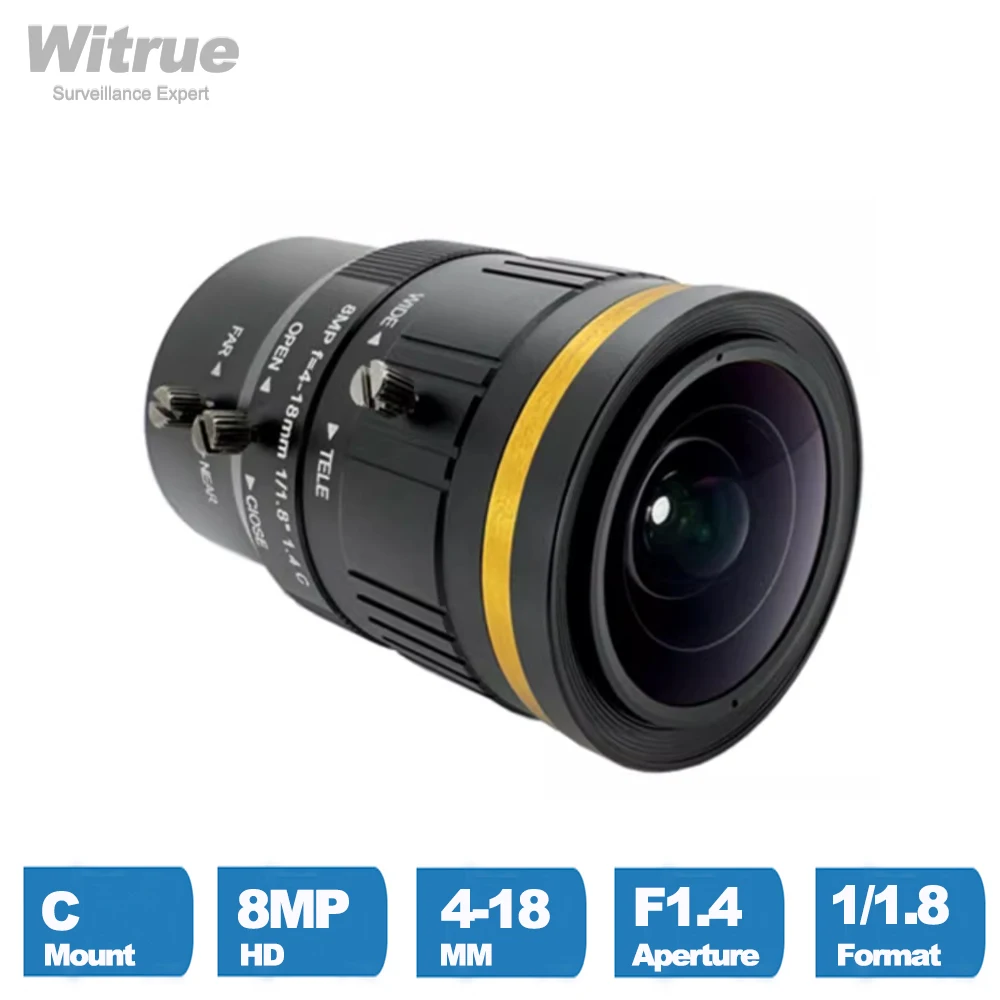Witrue HD 4K 8 Megapixel C Mount Varifocal CCTV Lens 4-18mm Apertuer F1.4 Format 1/1.8 for Surveillance Security Cameras