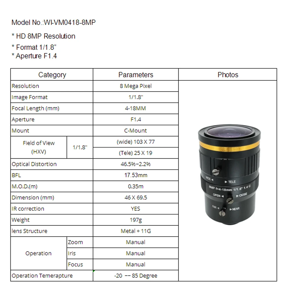 Witrue HD 4K 8 Megapixel C Mount Varifocal CCTV Lens 4-18mm Apertuer F1.4 Format 1/1.8 for Surveillance Security Cameras