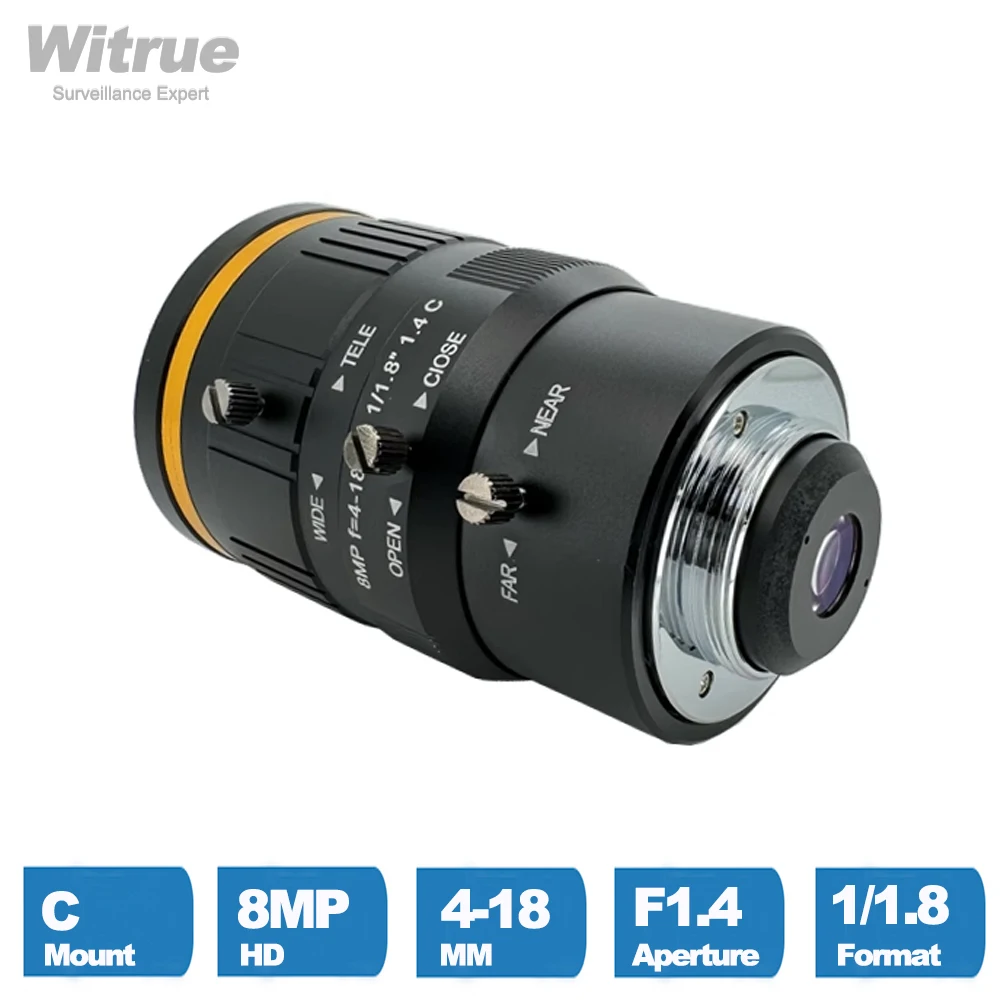 Witrue HD 4K 8 Megapixel C Mount Varifocal CCTV Lens 4-18mm Apertuer F1.4 Format 1/1.8 for Surveillance Security Cameras