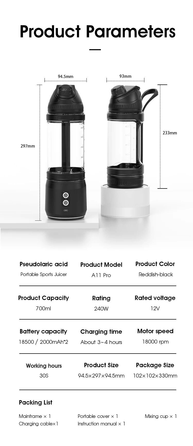 Portable Electric Juicer 700ML USB Rechargeable Fruit Milkshake Smoothie Mini Blender for kitchen travel Outdoor Camping Picnic.