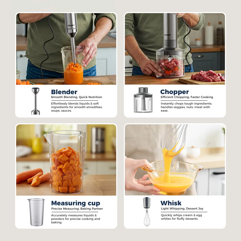 Hand Immersion Blender Powerful 4-in-1,Stainless Steel Stick Food Mixer,700ml Mixing Beaker,500ml Processor,Whisk