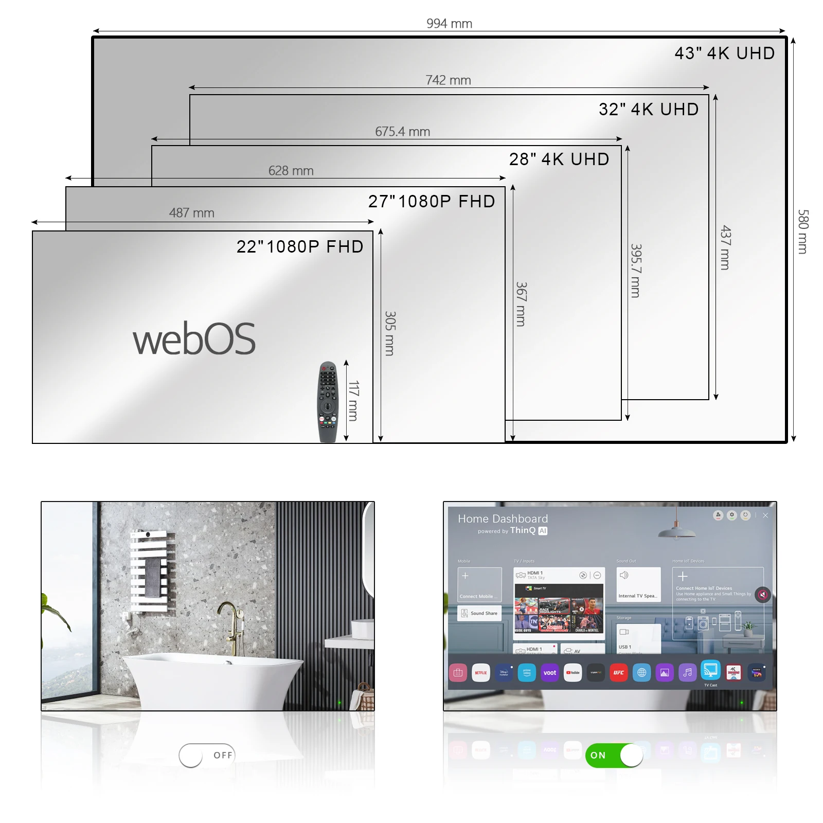 Soulaca 43 inches webOS Mirror Smart 4K TV WiFi for Bathroom Waterproof LED Television Built-in Alexa Bluetooth Hotel