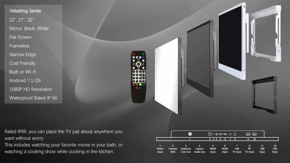 Souria 32 inches Smart Mirror Waterproof Television for Hotel Bathroom Luxury Design Android ATSC DVT-T, T2, C DTV Tuner TV