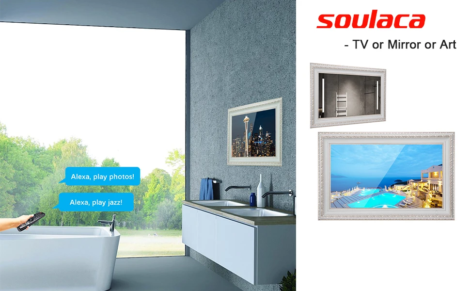 Souria 27 inches Smart Bathroom Mirror TV with Frame Waterproof Smart webOS Gallery Fireplace LED Television Hotel DTV Tuner