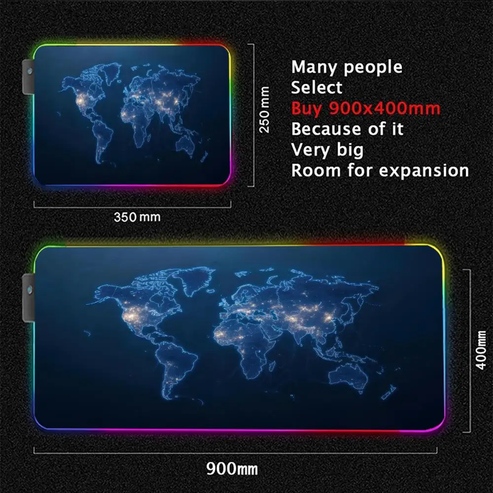 Glowing Map Design RGB Gaming Mouse Pad Desk Mat HD Gamer Accessories Large LED Light Mousepad PC Computer Carpet with Backlit