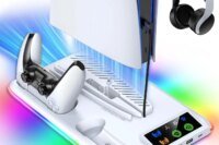 For PS5/Slim/Pro Cooling Stand with LED Controller Charging Station, 3-Gear Cooling Fan for PlayStation 5 Console Accessories