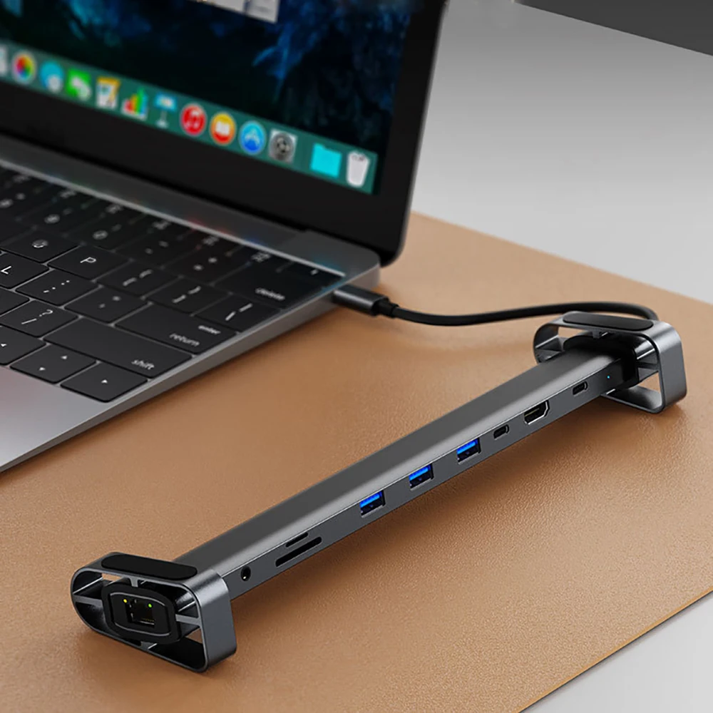 USB C HUB with Stand for Laptop Foldable Holder LAN Extender USB Disk Micro SD TF Card Reader PD Charger 4K 30HZ Type C Hub