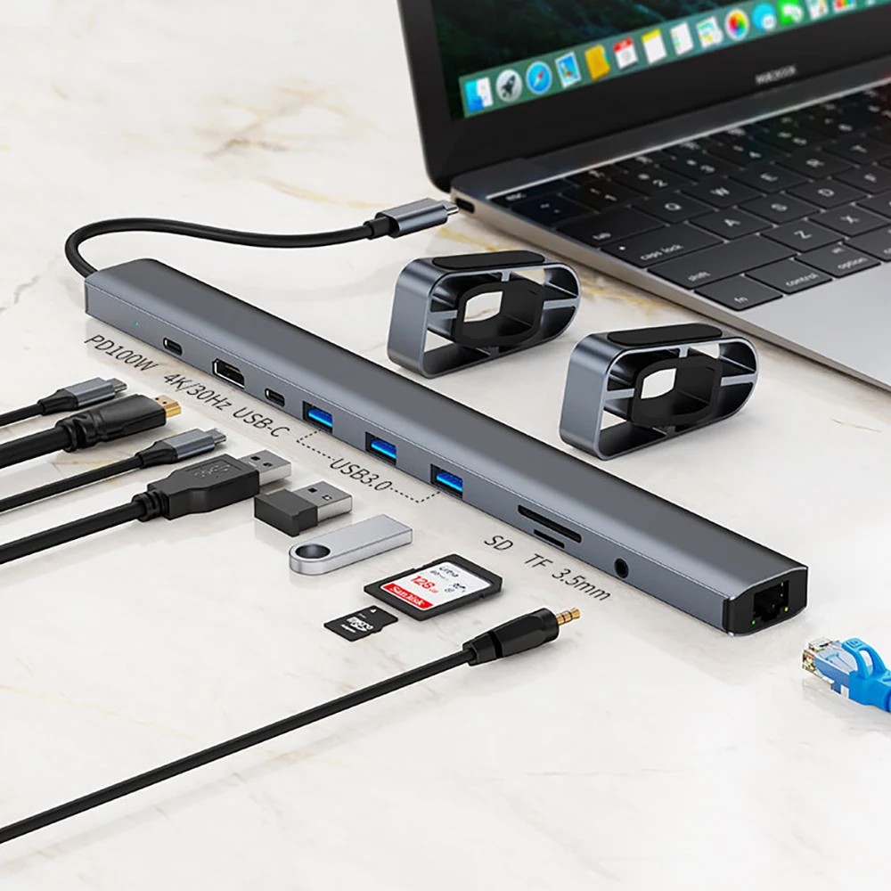 USB C HUB with Stand for Laptop Foldable Holder LAN Extender USB Disk Micro SD TF Card Reader PD Charger 4K 30HZ Type C Hub