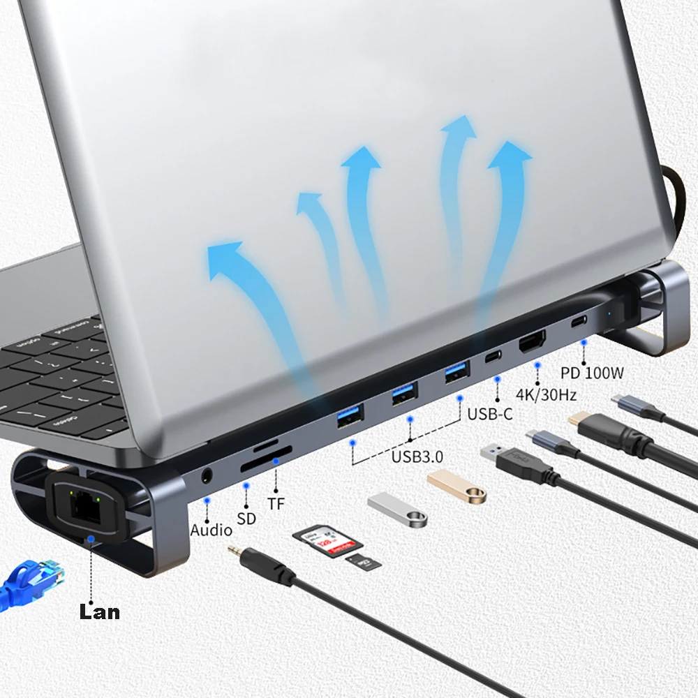 USB C HUB with Stand for Laptop Foldable Holder LAN Extender USB Disk Micro SD TF Card Reader PD Charger 4K 30HZ Type C Hub