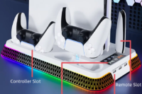 Multi-Functional Vertical RGB Cooling Stand for PS5/PS5 Slim/PS5 Pro – with Controller Charging Dock, Headset Hook & USB Port