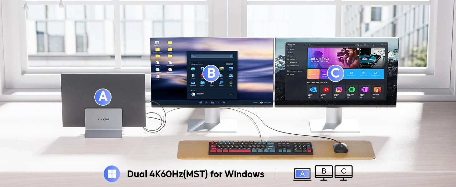 PULWTOP 11 in 1 Vertical Docking Station with 2 HDMI 4K, 3-USB A/C 10Gbps, Ethernet, Docking Station Stand for Type-C Laptops
