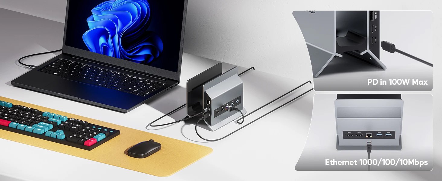 PULWTOP 11 in 1 Vertical Docking Station with 2 HDMI 4K, 3-USB A/C 10Gbps, Ethernet, Docking Station Stand for Type-C Laptops