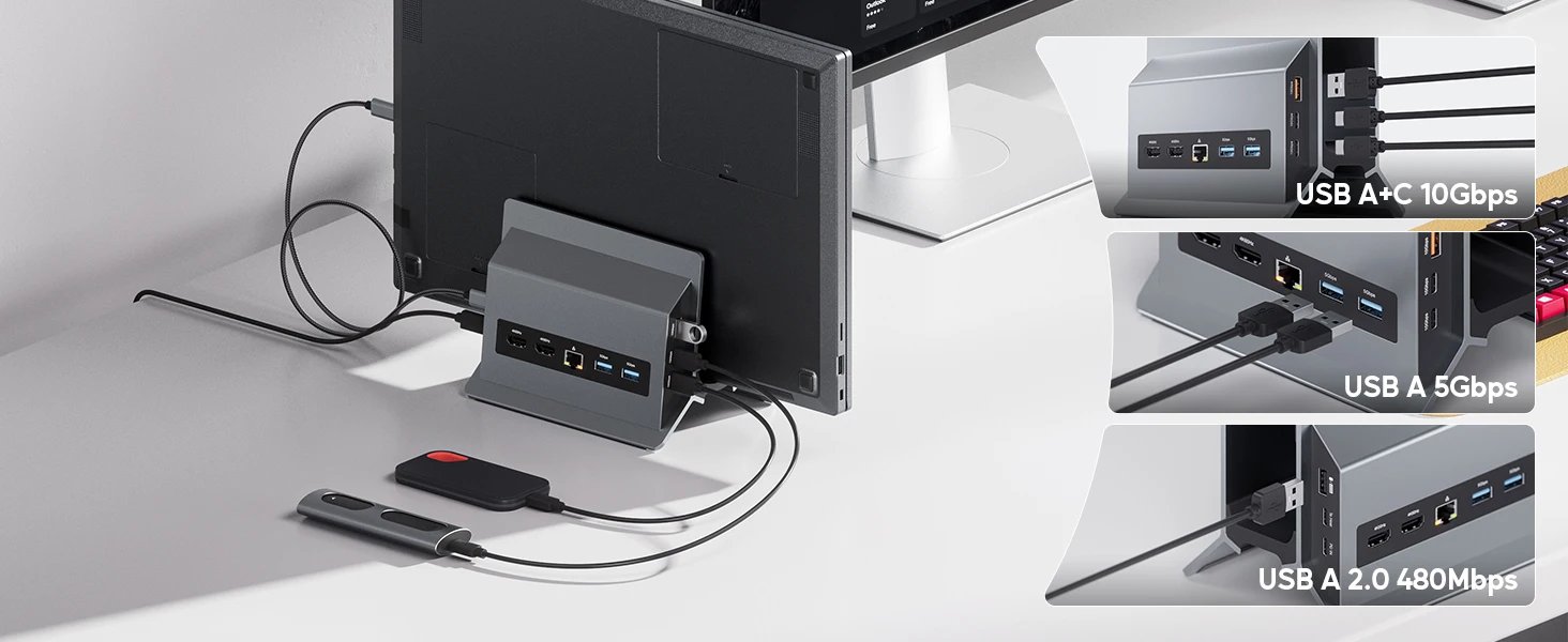 PULWTOP 11 in 1 Vertical Docking Station with 2 HDMI 4K, 3-USB A/C 10Gbps, Ethernet, Docking Station Stand for Type-C Laptops