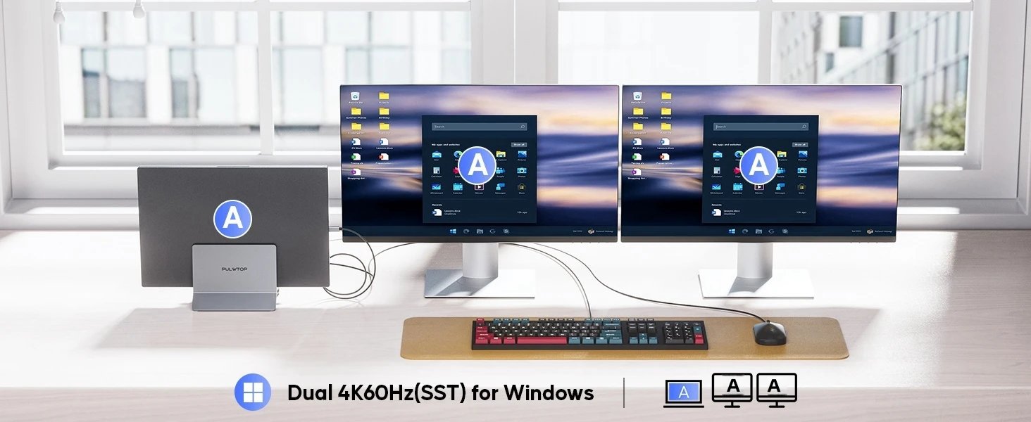 PULWTOP 11 in 1 Vertical Docking Station with 2 HDMI 4K, 3-USB A/C 10Gbps, Ethernet, Docking Station Stand for Type-C Laptops