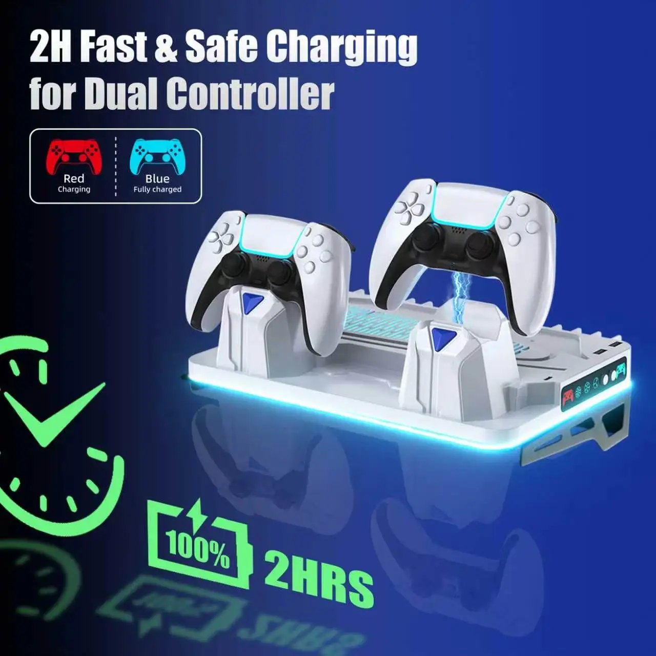 PS5 Wall Mount Stand with Cooling Fan, Dual Controller Charger, RGB Light, Headset Holder, USB Hubs for PS5/Slim/Pro3 Speed Cool