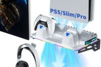 PS5 Wall Mount Stand with Cooling Fan, Dual Controller Charger, RGB Light, Headset Holder, USB Hubs for PS5/Slim/Pro3 Speed Cool