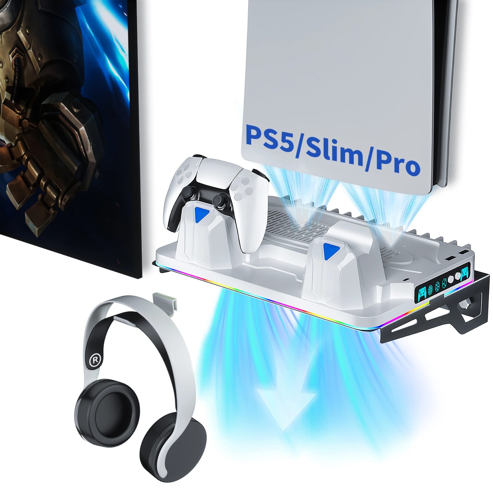 PS5 Wall Mount Stand with Cooling Fan, Dual Controller Charger, RGB Light, Headset Holder, USB Hubs for PS5/Slim/Pro3 Speed Cool