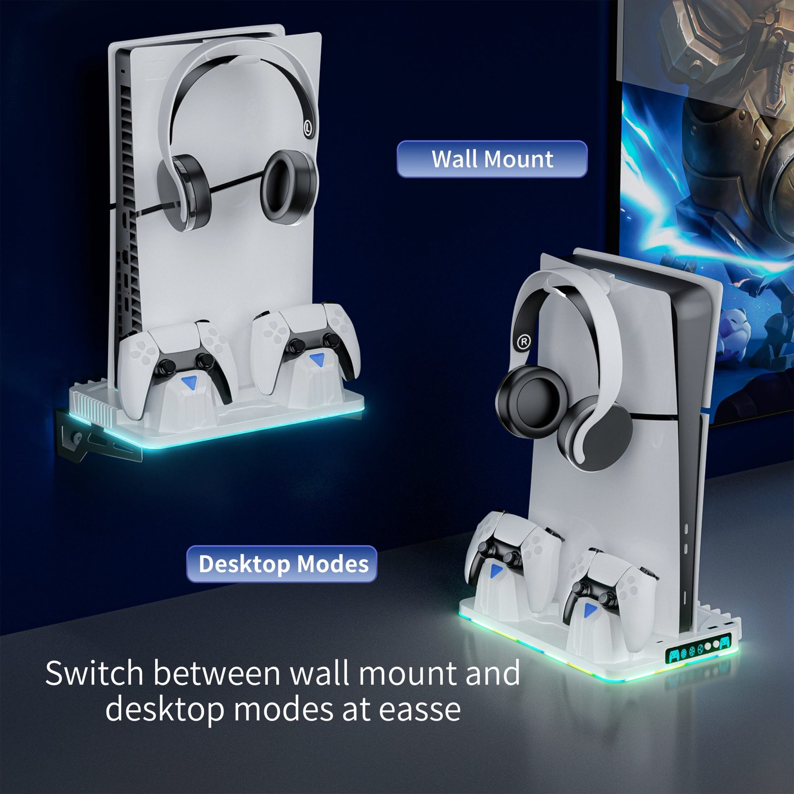 PS5 Wall Mount Stand with Cooling Fan, Dual Controller Charger, RGB Light, Headset Holder, USB Hubs for PS5/Slim/Pro3 Speed Cool